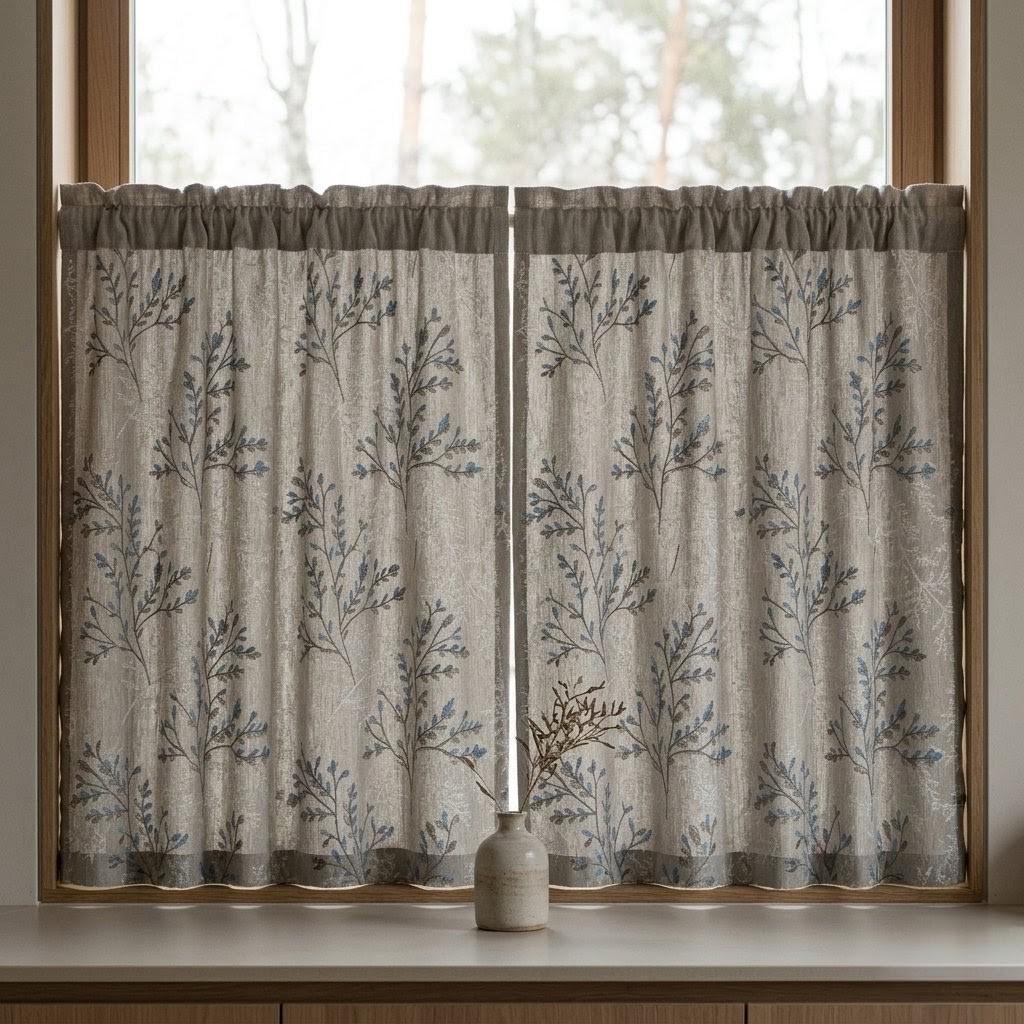 Ivory Greige Pure Linen Curtains, Blue Grey Botanical Leaf Embroidered Drapes, Custom Blackout or Light Filtering Panels — image 6