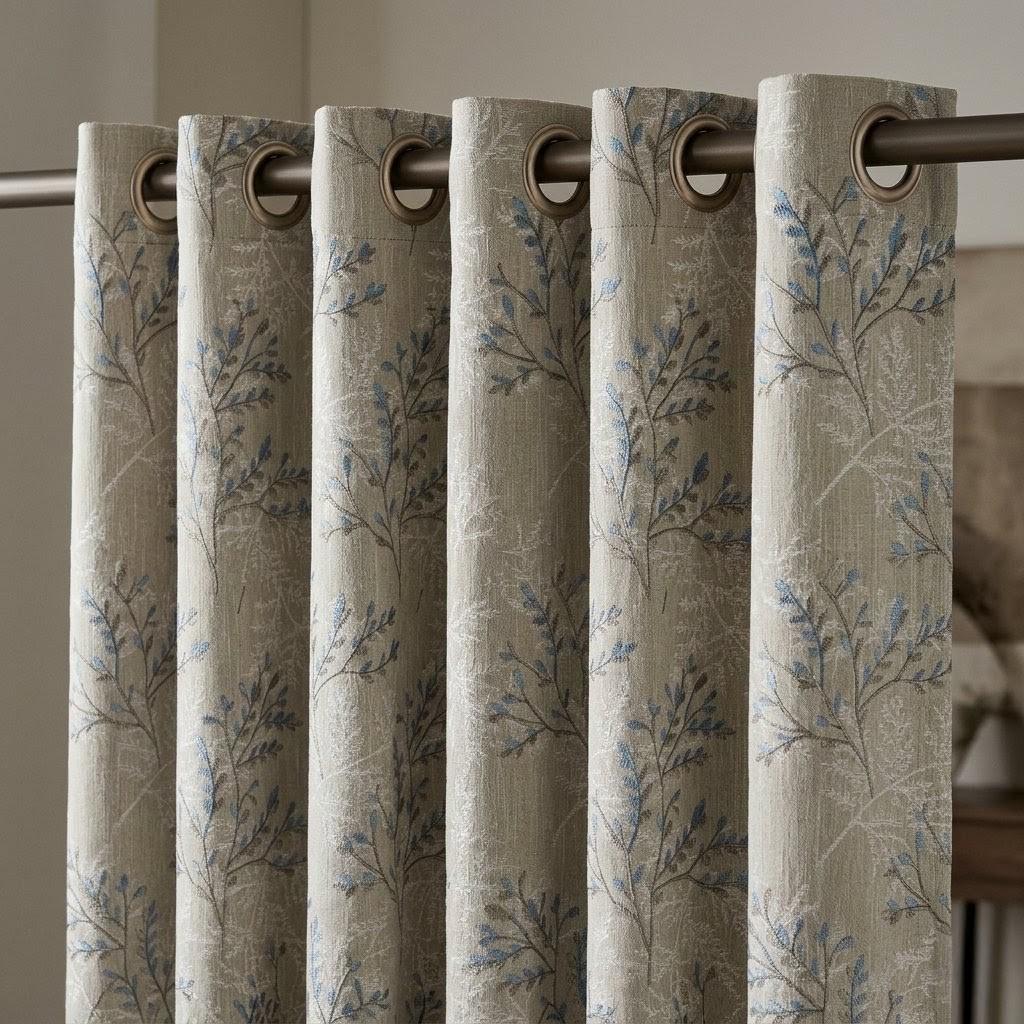 Ivory Greige Pure Linen Curtains, Blue Grey Botanical Leaf Embroidered Drapes, Custom Blackout or Light Filtering Panels — image 3