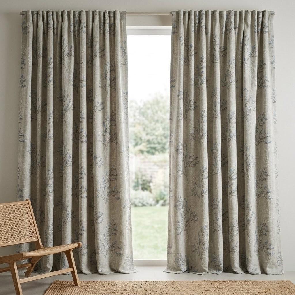 Ivory Greige Pure Linen Curtains, Blue Grey Botanical Leaf Embroidered Drapes, Custom Blackout or Light Filtering Panels — image 5
