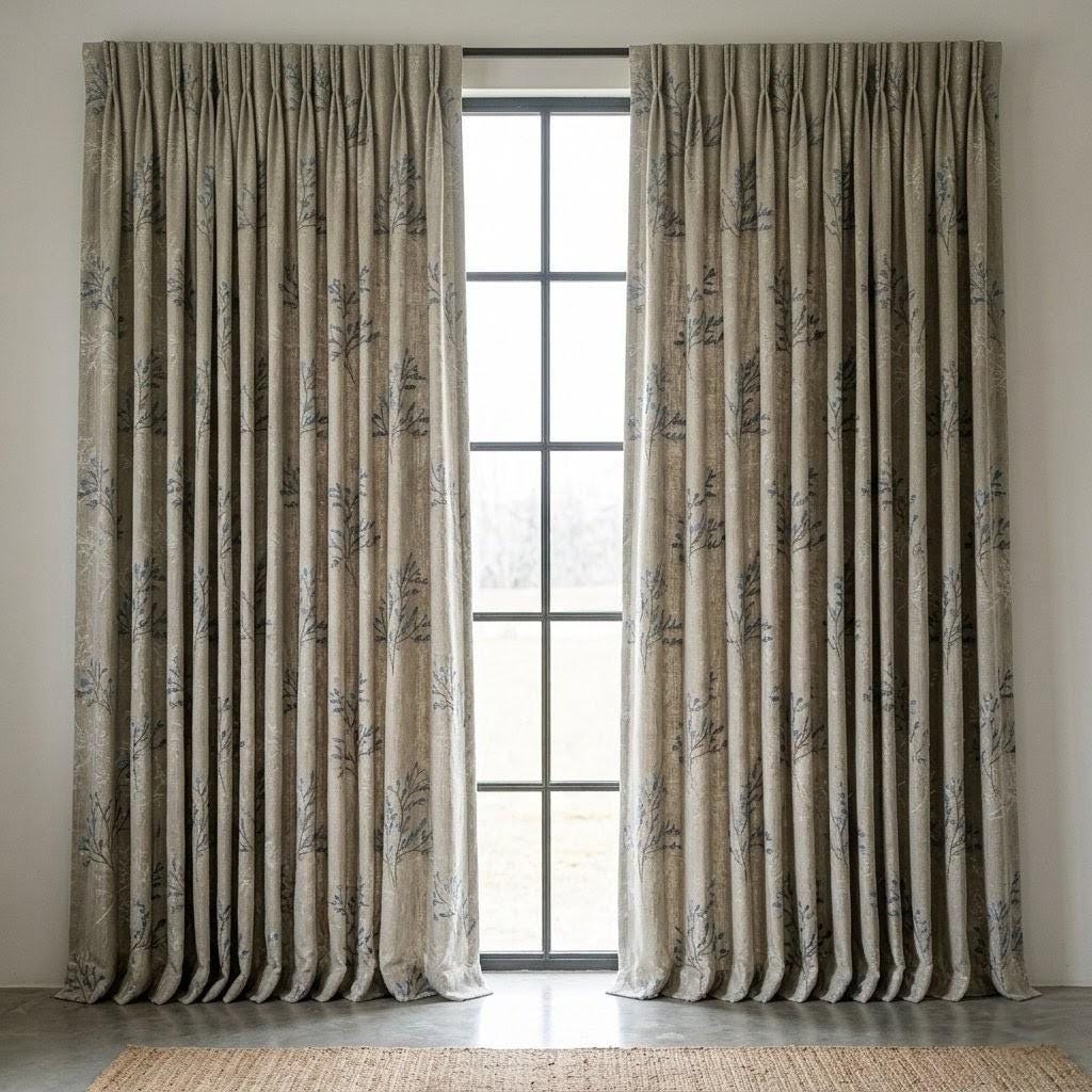 Ivory Greige Pure Linen Curtains, Blue Grey Botanical Leaf Embroidered Drapes, Custom Blackout or Light Filtering Panels — image 10