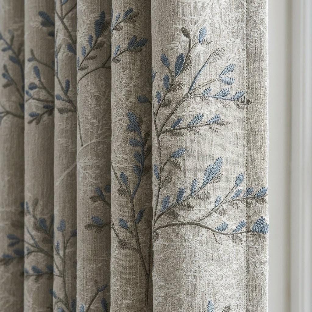 Ivory Greige Pure Linen Curtains, Blue Grey Botanical Leaf Embroidered Drapes, Custom Blackout or Light Filtering Panels — image 1