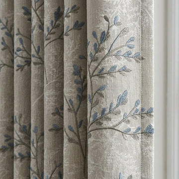 Ivory Greige Pure Linen Curtains, Blue Grey Botanical Leaf Embroidered Drapes, Custom Blackout or Light Filtering Panels — image 1