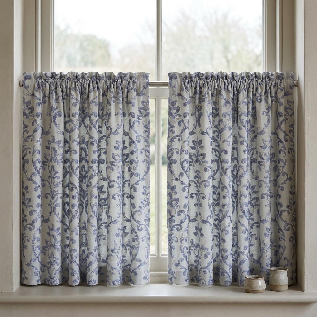 Powder Blue Pure Linen Embroidered Curtains, Ivory Floral Damask Drapes, French Country Custom Extra Long Blackout Panels — image 6