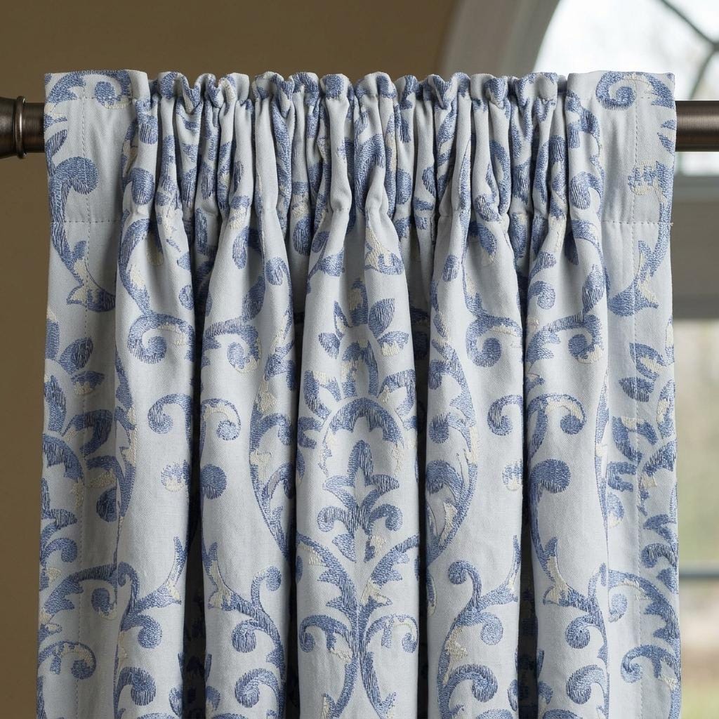 Powder Blue Pure Linen Embroidered Curtains, Ivory Floral Damask Drapes, French Country Custom Extra Long Blackout Panels — image 9