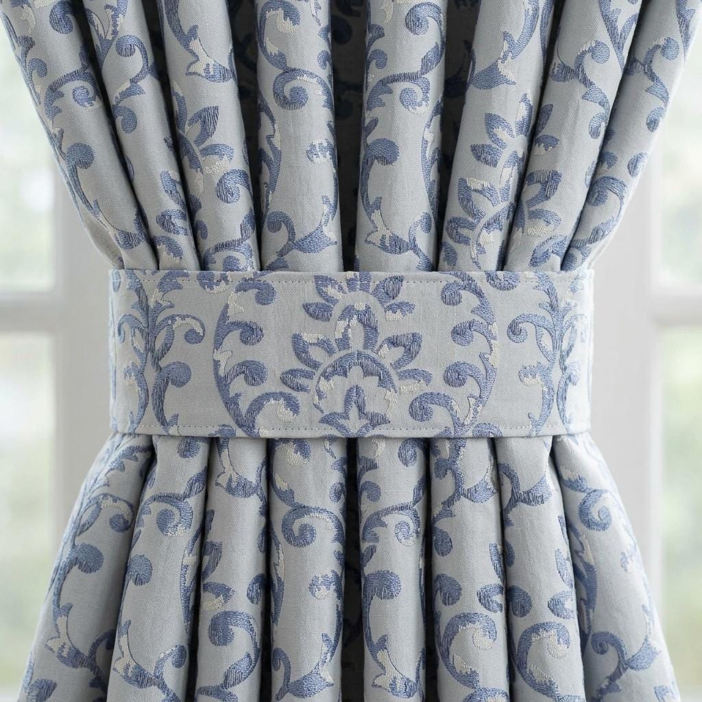 Powder Blue Pure Linen Embroidered Curtains, Ivory Floral Damask Drapes, French Country Custom Extra Long Blackout Panels — image 1