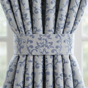 Powder Blue Pure Linen Embroidered Curtains, Ivory Floral Damask Drapes, French Country Custom Extra Long Blackout Panels — image 1
