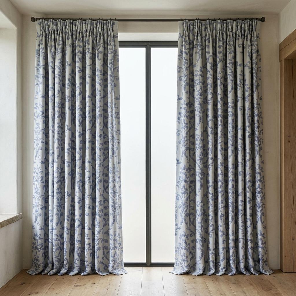 Powder Blue Pure Linen Embroidered Curtains, Ivory Floral Damask Drapes, French Country Custom Extra Long Blackout Panels — image 5