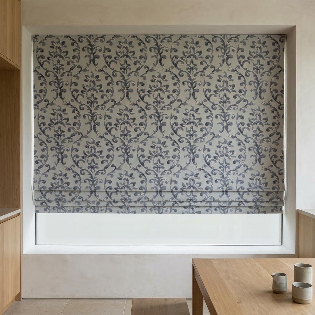 Powder Blue Linen Roman Shade, Navy Floral Damask Embroidery, Custom Blackout or Light Filtering Window Blind — image 8