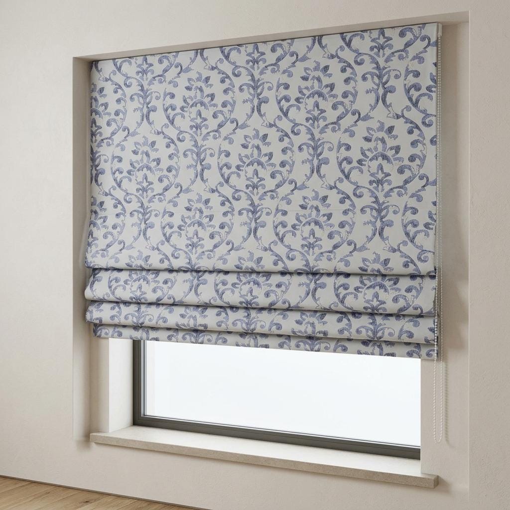 Powder Blue Linen Roman Shade, Navy Floral Damask Embroidery, Custom Blackout or Light Filtering Window Blind — image 1
