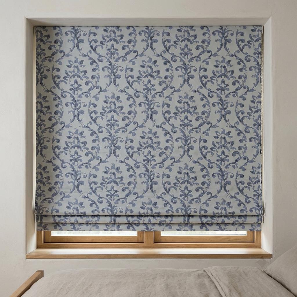 Powder Blue Linen Roman Shade, Navy Floral Damask Embroidery, Custom Blackout or Light Filtering Window Blind — image 6