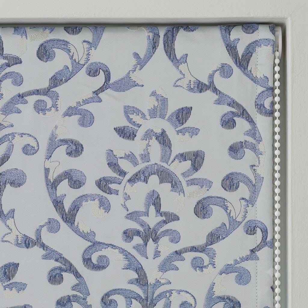Powder Blue Linen Roman Shade, Navy Floral Damask Embroidery, Custom Blackout or Light Filtering Window Blind — image 4