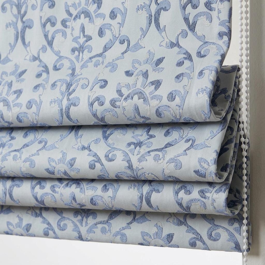 Powder Blue Linen Roman Shade, Navy Floral Damask Embroidery, Custom Blackout or Light Filtering Window Blind — image 5