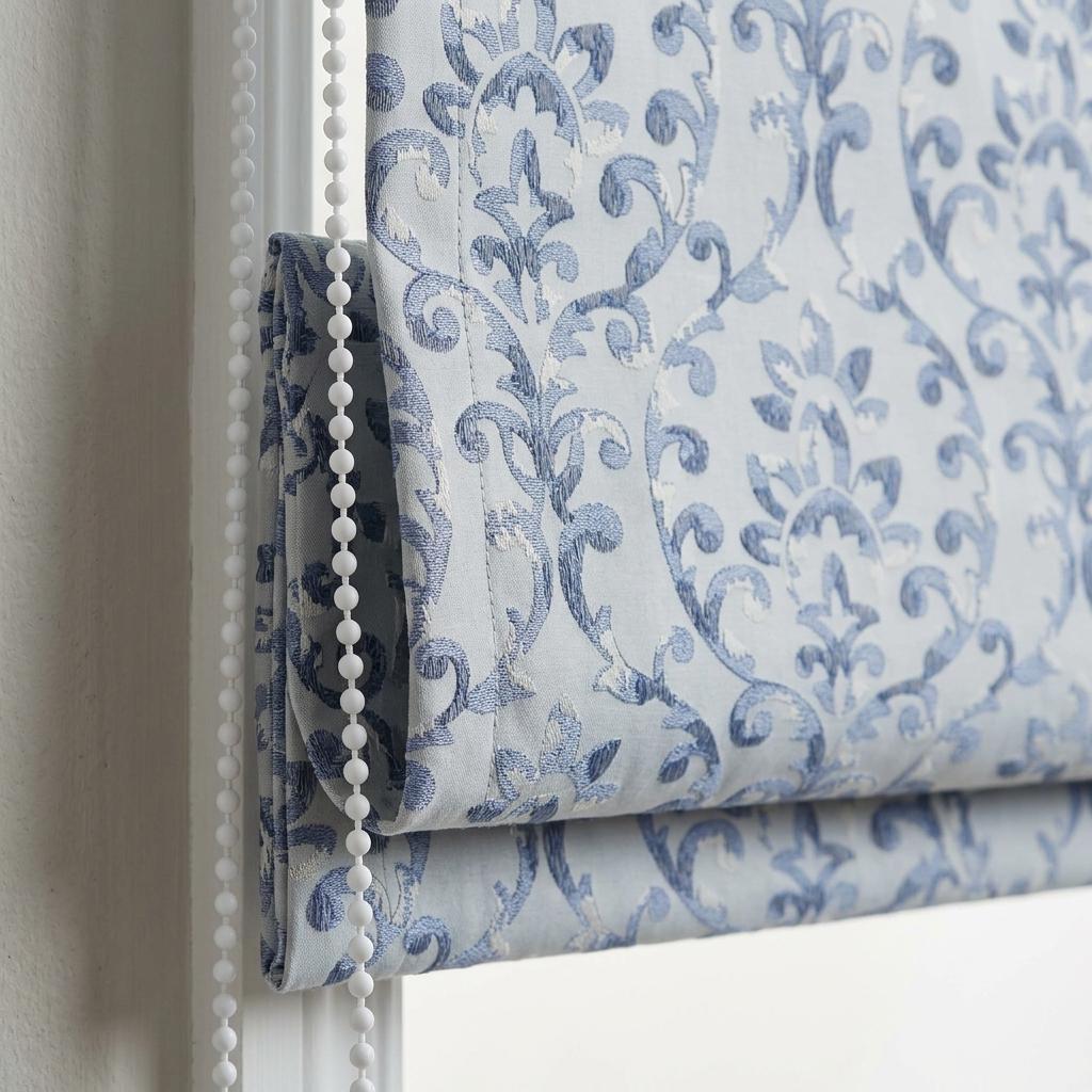 Powder Blue Linen Roman Shade, Navy Floral Damask Embroidery, Custom Blackout or Light Filtering Window Blind — image 1
