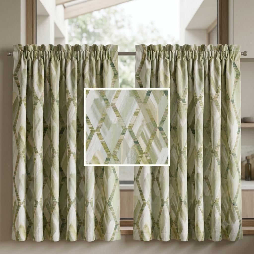 Sage Olive Green Pure Linen Embroidered Curtains, Geometric Trellis Drapes, Custom Extra Long Blackout Panels — image 8