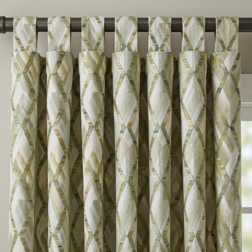 Sage Olive Green Pure Linen Embroidered Curtains, Geometric Trellis Drapes, Custom Extra Long Blackout Panels — image 3