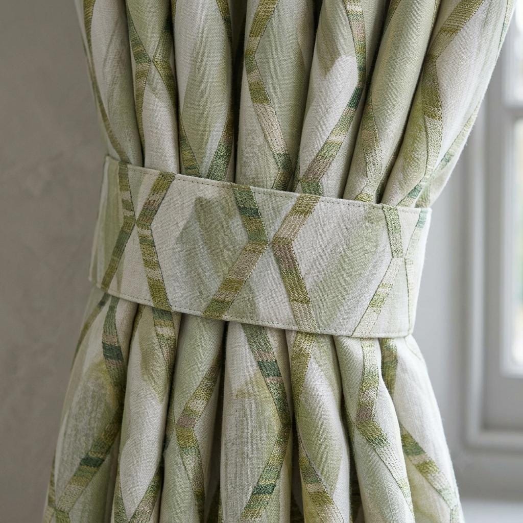 Sage Olive Green Pure Linen Embroidered Curtains, Geometric Trellis Drapes, Custom Extra Long Blackout Panels — image 1