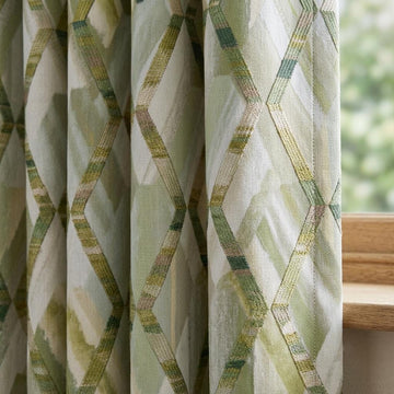 Sage Olive Green Pure Linen Embroidered Curtains, Geometric Trellis Drapes, Custom Extra Long Blackout Panels — image 1