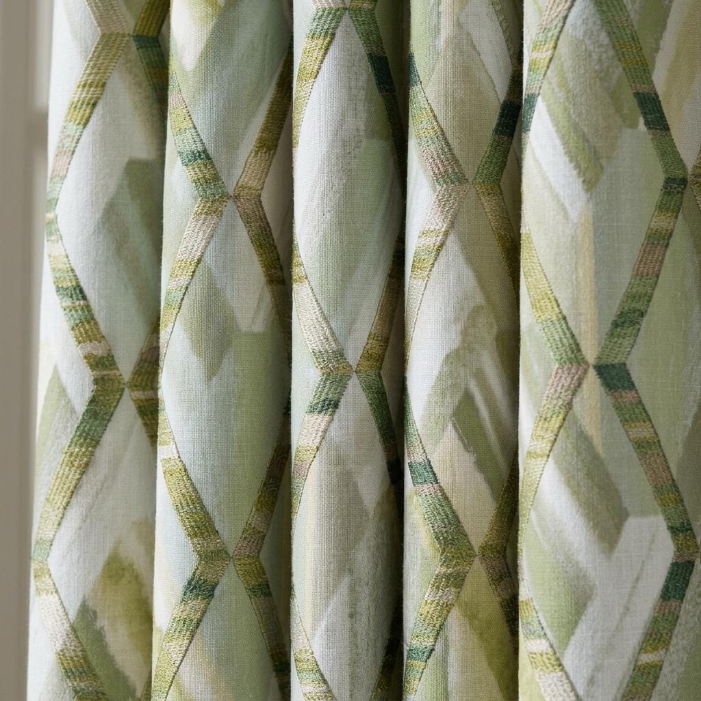 Sage Olive Green Pure Linen Embroidered Curtains, Geometric Trellis Drapes, Custom Extra Long Blackout Panels — image 9