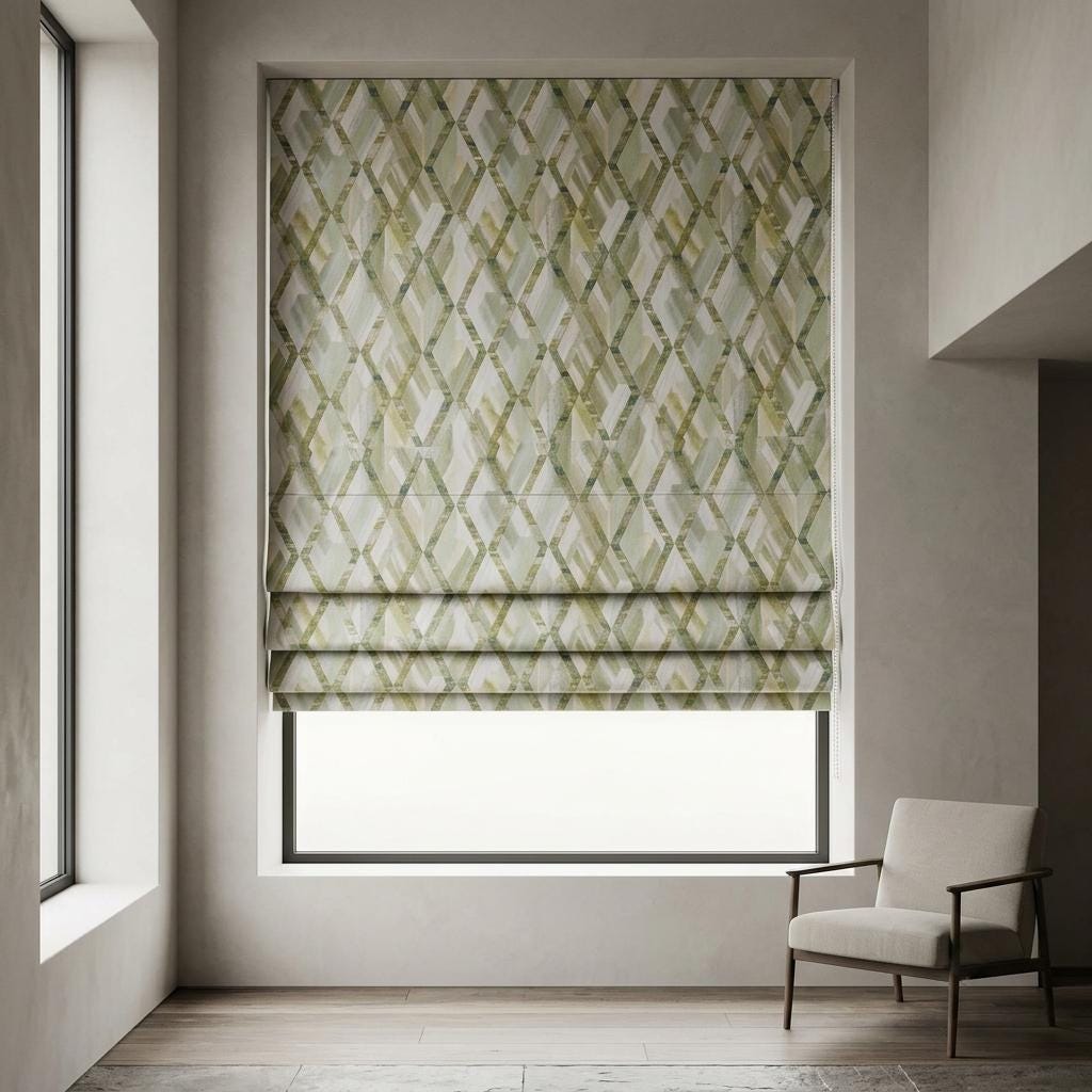 Sage Green & Ivory Linen Roman Shade, Olive Geometric Embroidered Trellis, Custom Blackout or Light Filtering Window Blind — image 2