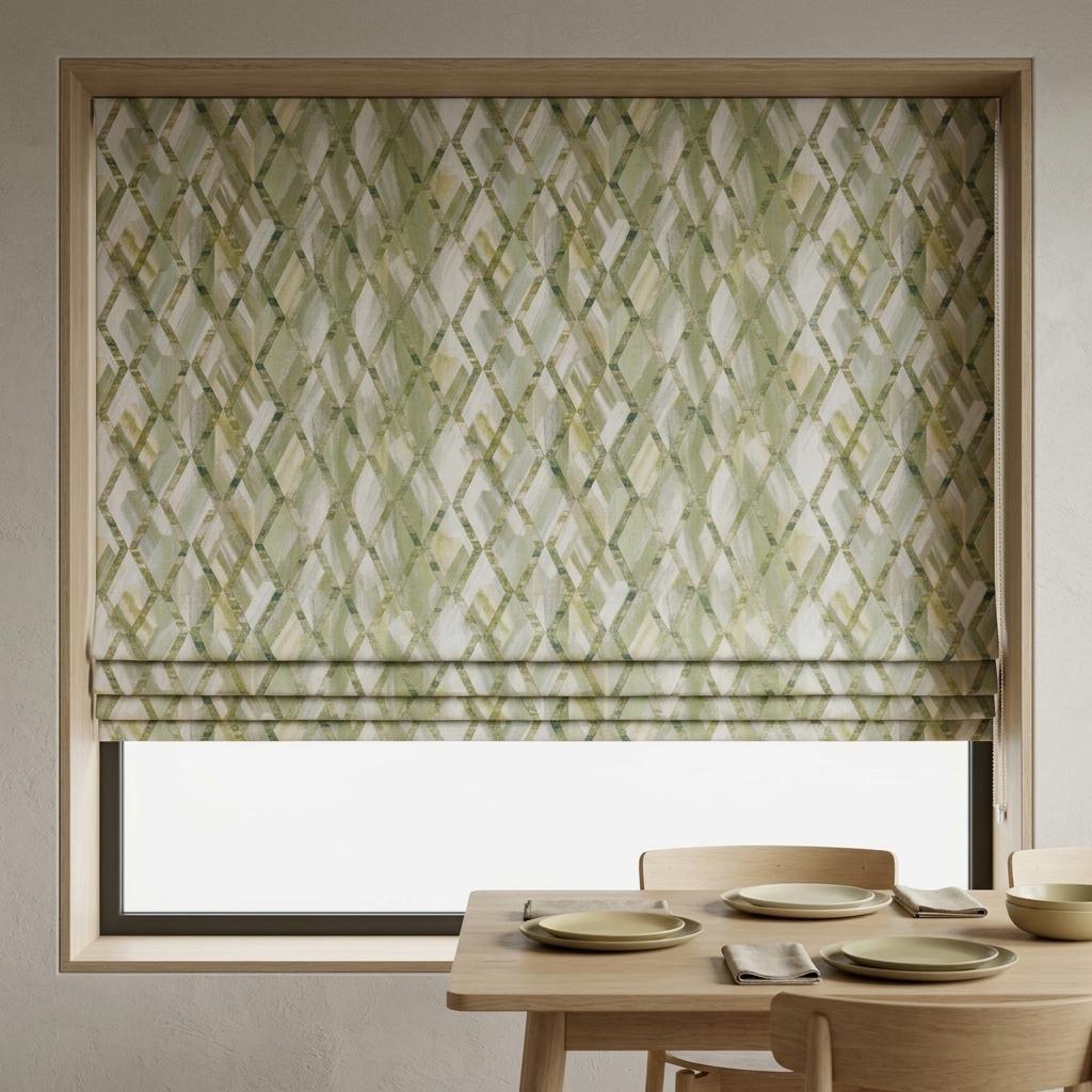 Sage Green & Ivory Linen Roman Shade, Olive Geometric Embroidered Trellis, Custom Blackout or Light Filtering Window Blind — image 7