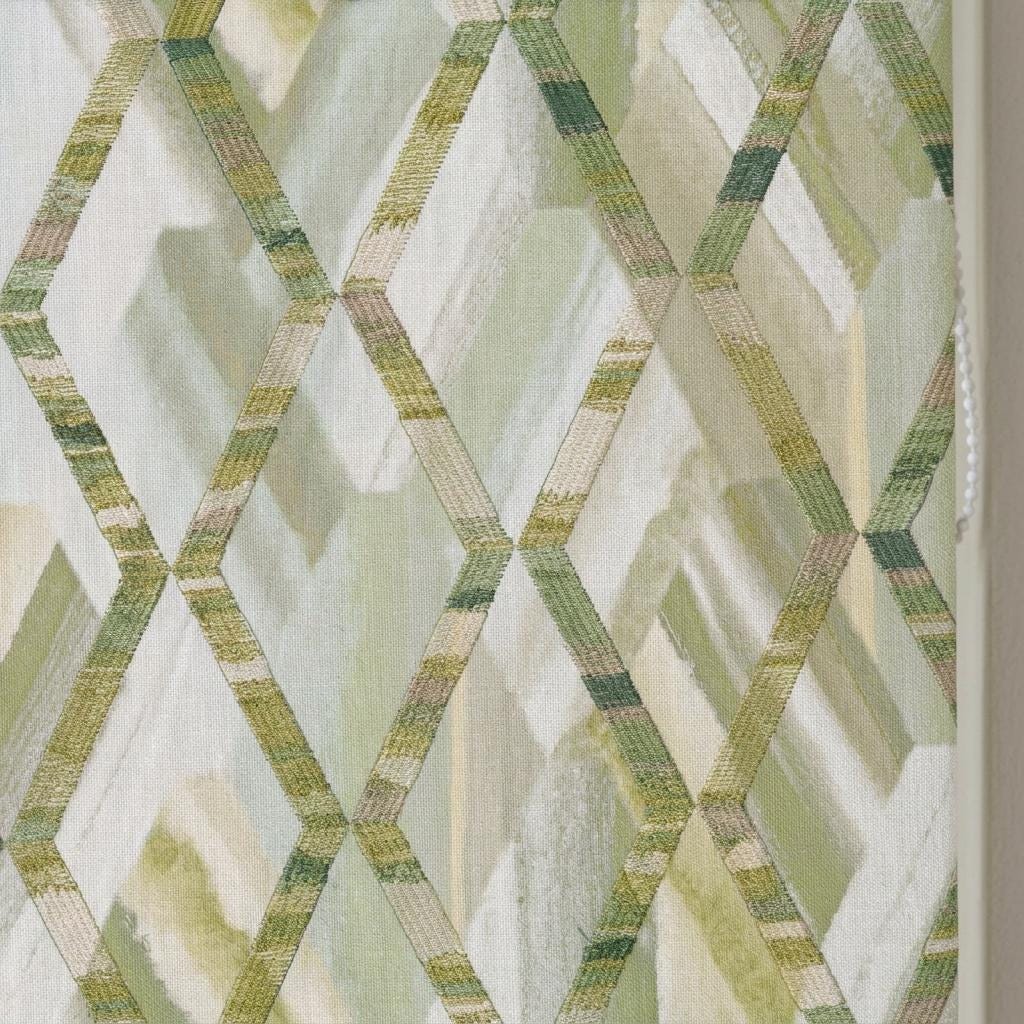 Sage Green & Ivory Linen Roman Shade, Olive Geometric Embroidered Trellis, Custom Blackout or Light Filtering Window Blind — image 4