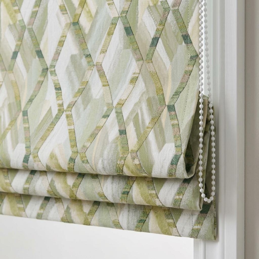 Sage Green & Ivory Linen Roman Shade, Olive Geometric Embroidered Trellis, Custom Blackout or Light Filtering Window Blind — image 1