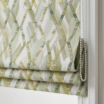 Sage Green & Ivory Linen Roman Shade, Olive Geometric Embroidered Trellis, Custom Blackout or Light Filtering Window Blind — image 1