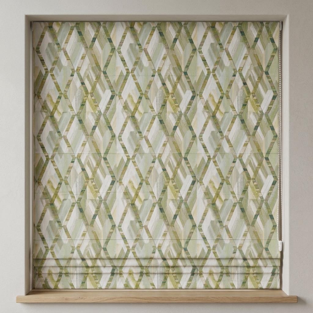 Sage Green & Ivory Linen Roman Shade, Olive Geometric Embroidered Trellis, Custom Blackout or Light Filtering Window Blind — image 9