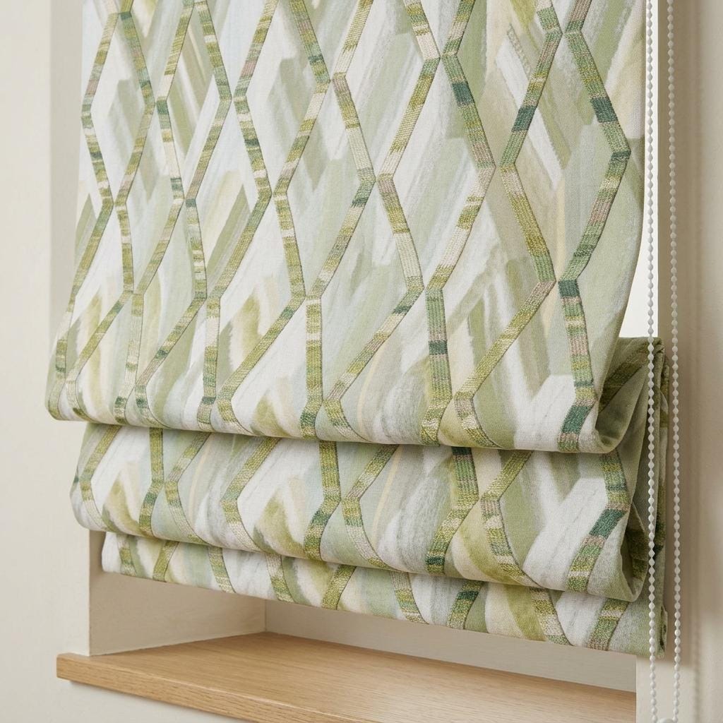 Sage Green & Ivory Linen Roman Shade, Olive Geometric Embroidered Trellis, Custom Blackout or Light Filtering Window Blind — image 3
