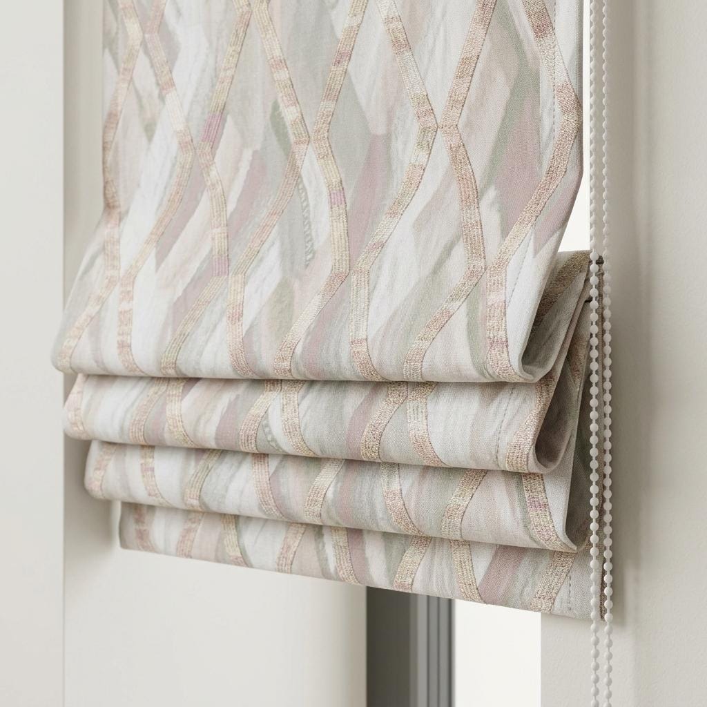 Blush Pink & Gray Linen Roman Shade, Geometric Embroidered Trellis, Custom Blackout or Light Filtering Blind — image 7