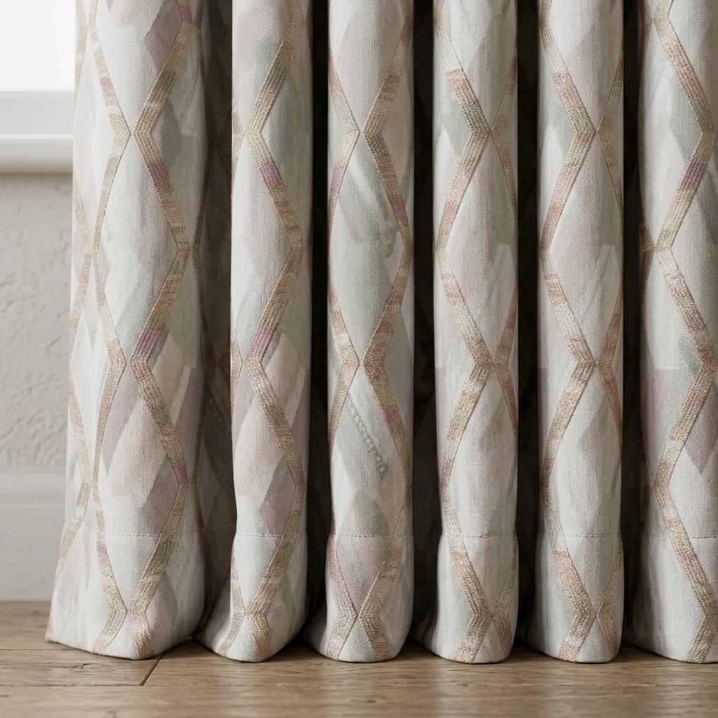 Silver Grey & Blush Pure Linen Embroidered Curtains, Champagne Geometric Trellis, Custom Extra Long Blackout Drapes — image 2