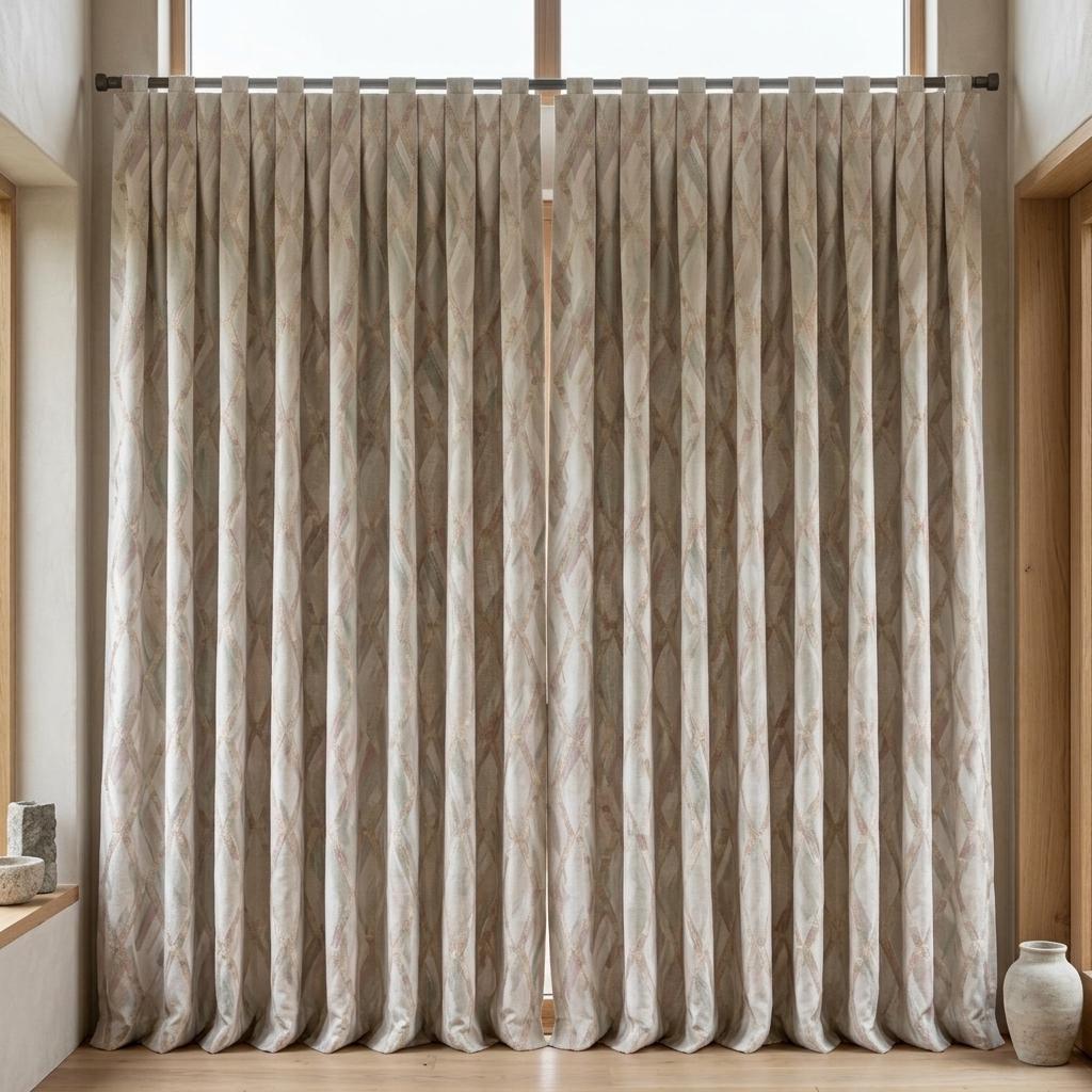 Silver Grey & Blush Pure Linen Embroidered Curtains, Champagne Geometric Trellis, Custom Extra Long Blackout Drapes — image 4