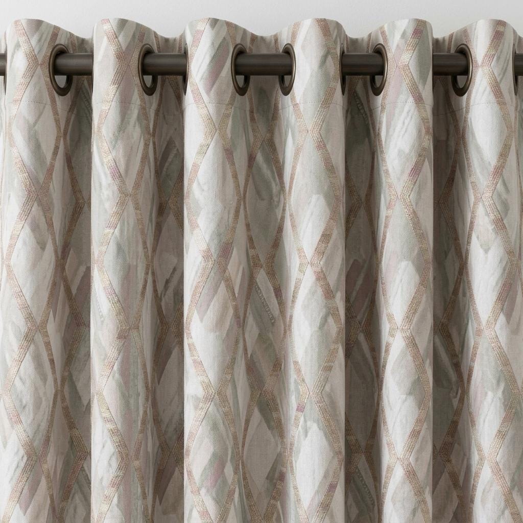 Silver Grey & Blush Pure Linen Embroidered Curtains, Champagne Geometric Trellis, Custom Extra Long Blackout Drapes — image 5
