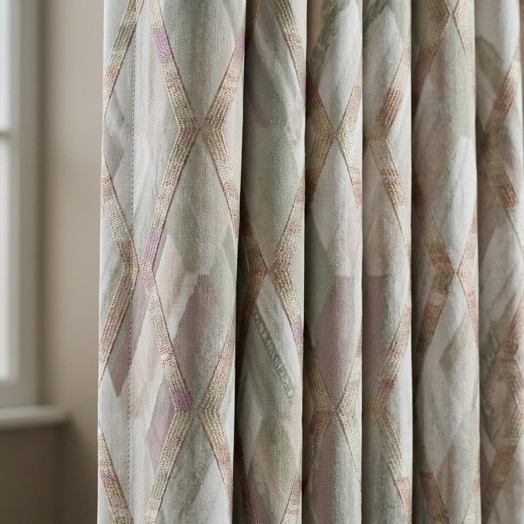 Silver Grey & Blush Pure Linen Embroidered Curtains, Champagne Geometric Trellis, Custom Extra Long Blackout Drapes — image 6