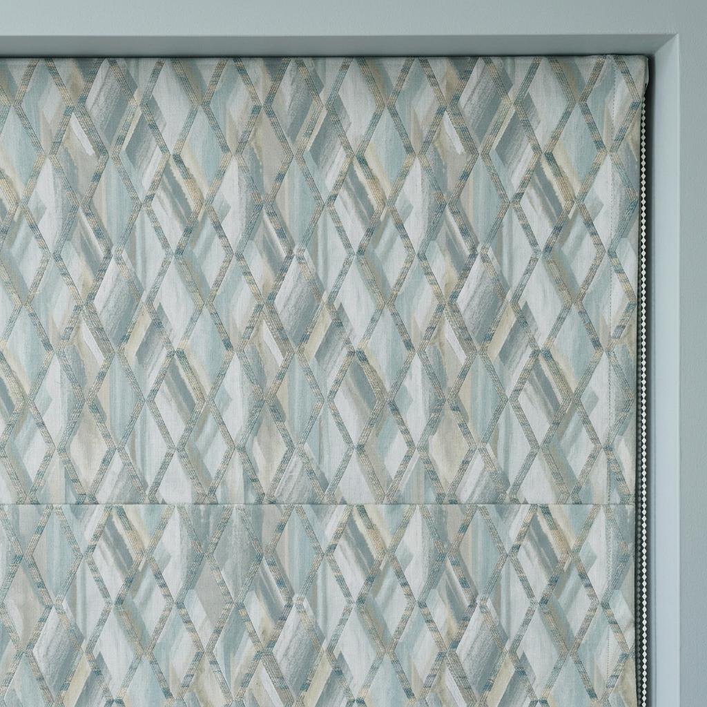 Pale Blue & Gray Linen Roman Shade, Geometric Embroidered Trellis, Custom Blackout or Light Filtering Window Blind — image 7