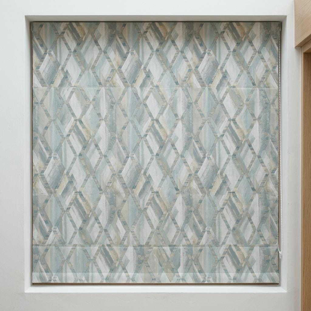 Pale Blue & Gray Linen Roman Shade, Geometric Embroidered Trellis, Custom Blackout or Light Filtering Window Blind — image 3
