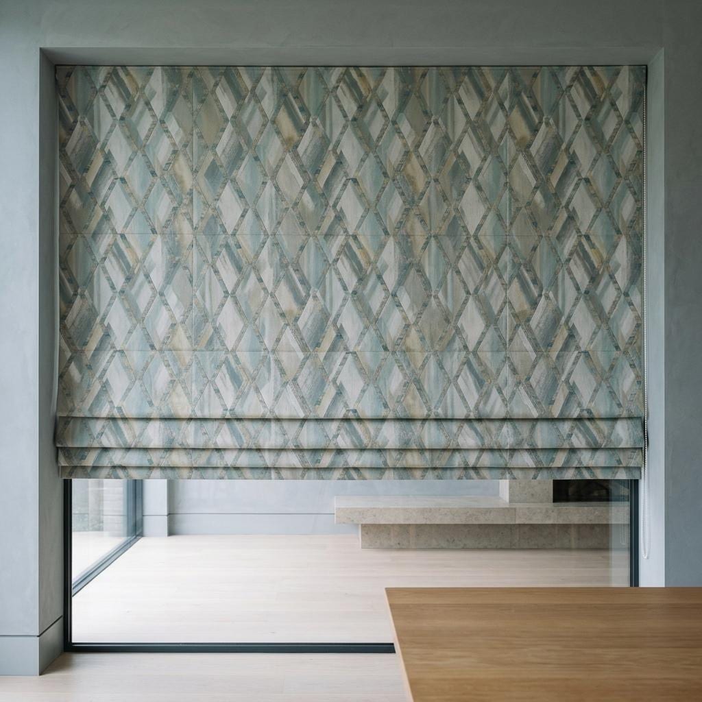 Pale Blue & Gray Linen Roman Shade, Geometric Embroidered Trellis, Custom Blackout or Light Filtering Window Blind — image 6