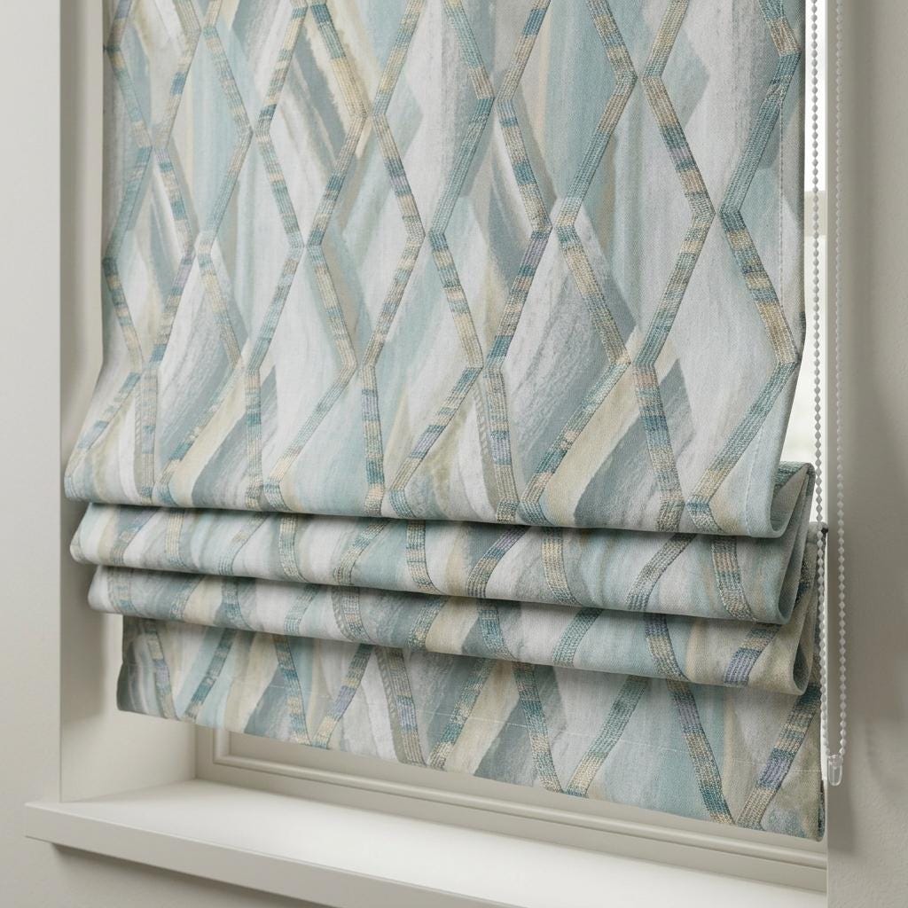 Pale Blue & Gray Linen Roman Shade, Geometric Embroidered Trellis, Custom Blackout or Light Filtering Window Blind — image 2