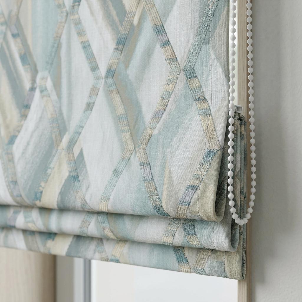 Pale Blue & Gray Linen Roman Shade, Geometric Embroidered Trellis, Custom Blackout or Light Filtering Window Blind — image 1