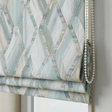 Pale Blue & Gray Linen Roman Shade, Geometric Embroidered Trellis, Custom Blackout or Light Filtering Window Blind — image 1