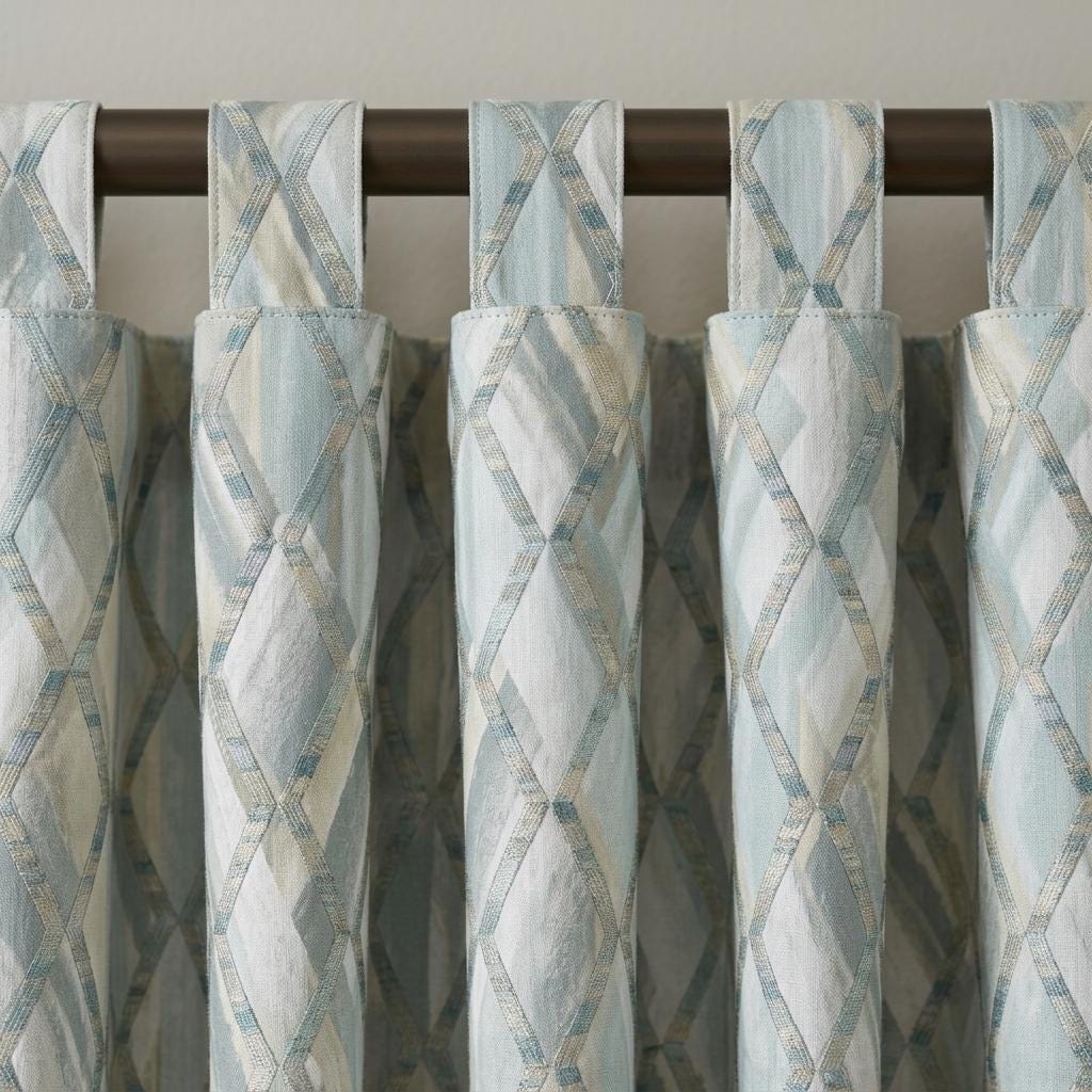 Duck Egg Blue Pure Linen Embroidered Curtains, Teal Geometric Trellis, Custom Extra Long Blackout Drapes — image 3