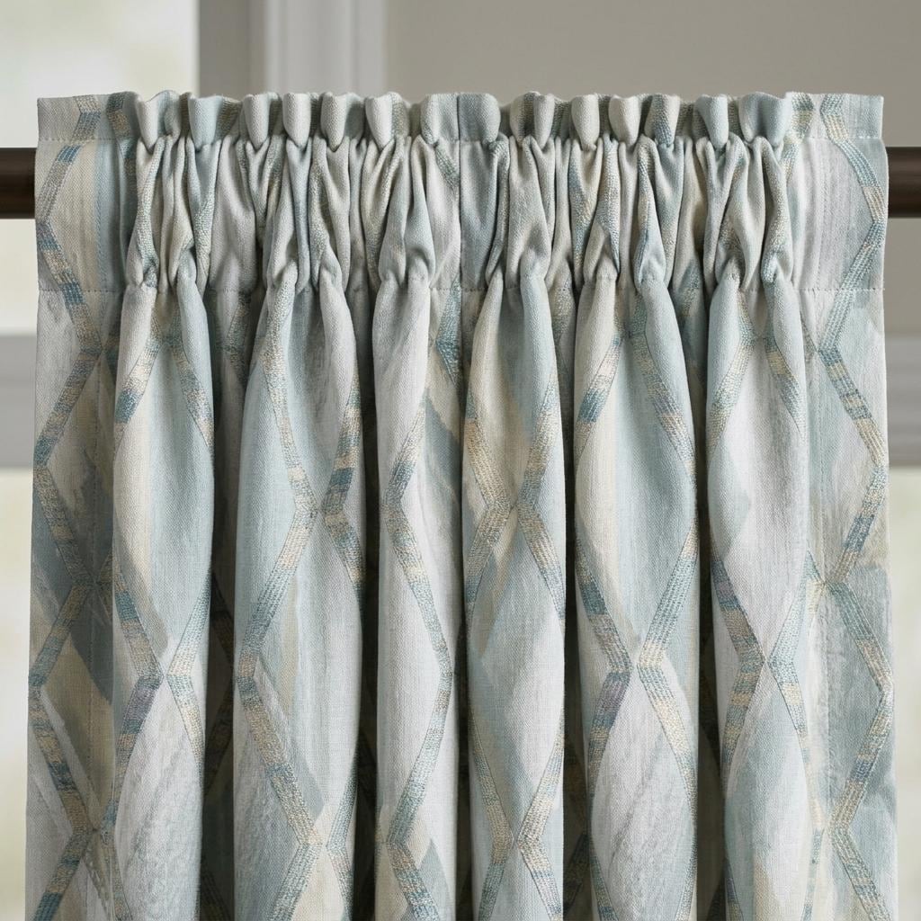 Duck Egg Blue Pure Linen Embroidered Curtains, Teal Geometric Trellis, Custom Extra Long Blackout Drapes — image 10