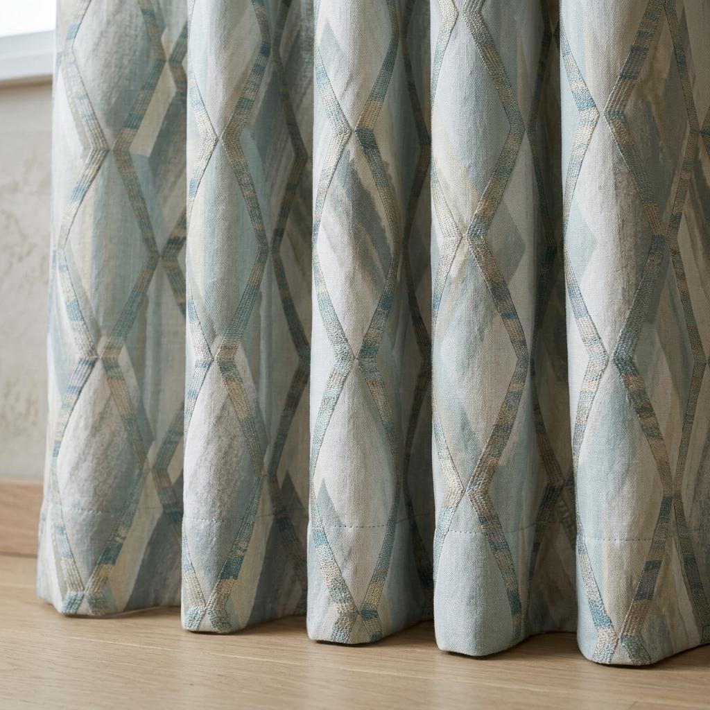 Duck Egg Blue Pure Linen Embroidered Curtains, Teal Geometric Trellis, Custom Extra Long Blackout Drapes — image 4