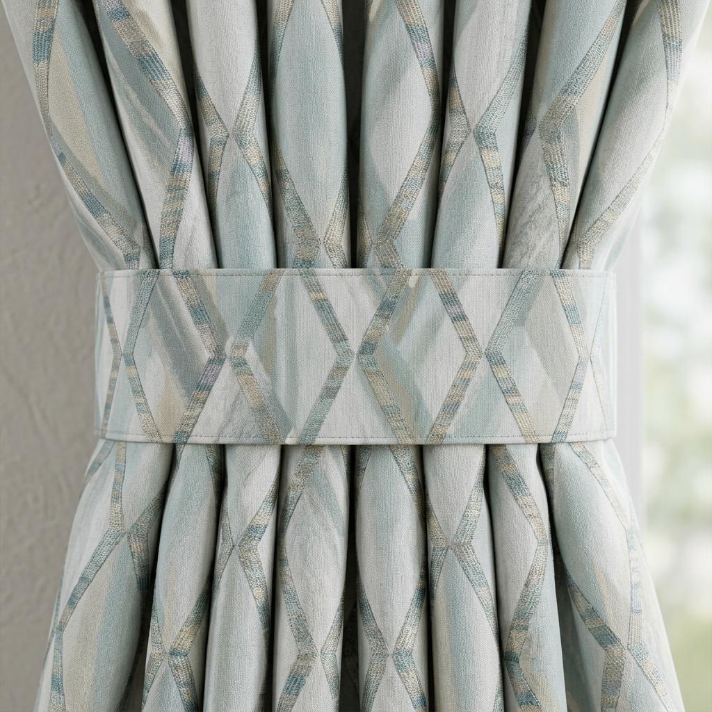 Duck Egg Blue Pure Linen Embroidered Curtains, Teal Geometric Trellis, Custom Extra Long Blackout Drapes — image 2