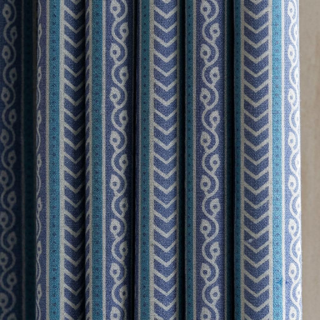 Blue Teal Pure Linen Curtains: Navy Tribal Geometric Stripe, Blackout or Light Filtering, Custom Size — image 1
