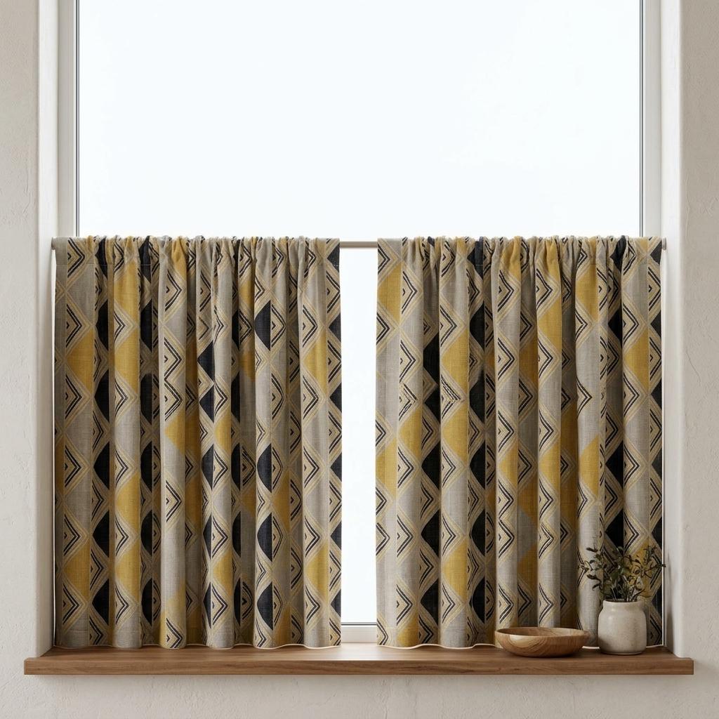 Black Mustard Pure Linen Curtains, Beige Tribal Geometric Drapes, Custom Blackout or Light-Filtering Panels — image 7