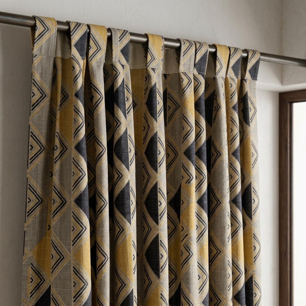Black Mustard Pure Linen Curtains, Beige Tribal Geometric Drapes, Custom Blackout or Light-Filtering Panels — image 6