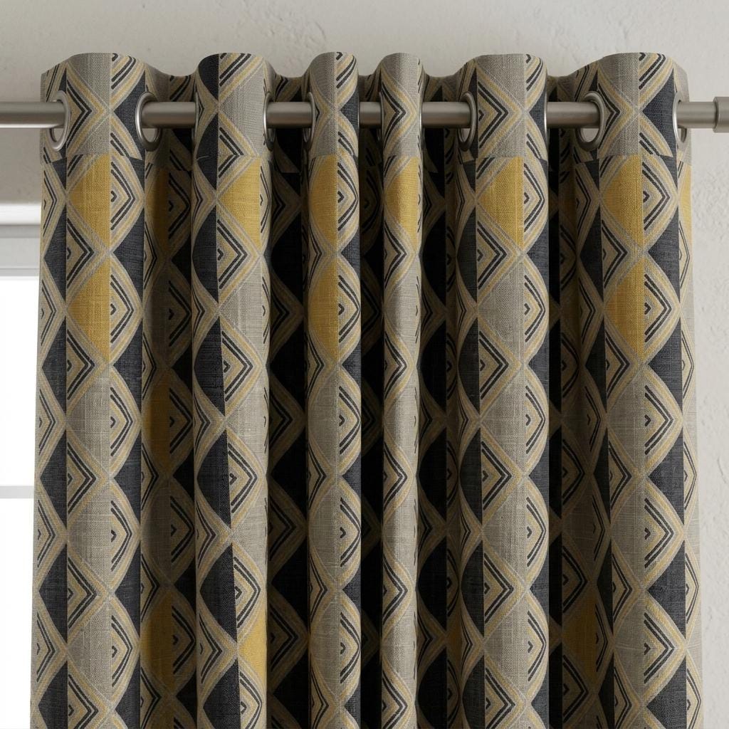 Black Mustard Pure Linen Curtains, Beige Tribal Geometric Drapes, Custom Blackout or Light-Filtering Panels — image 8