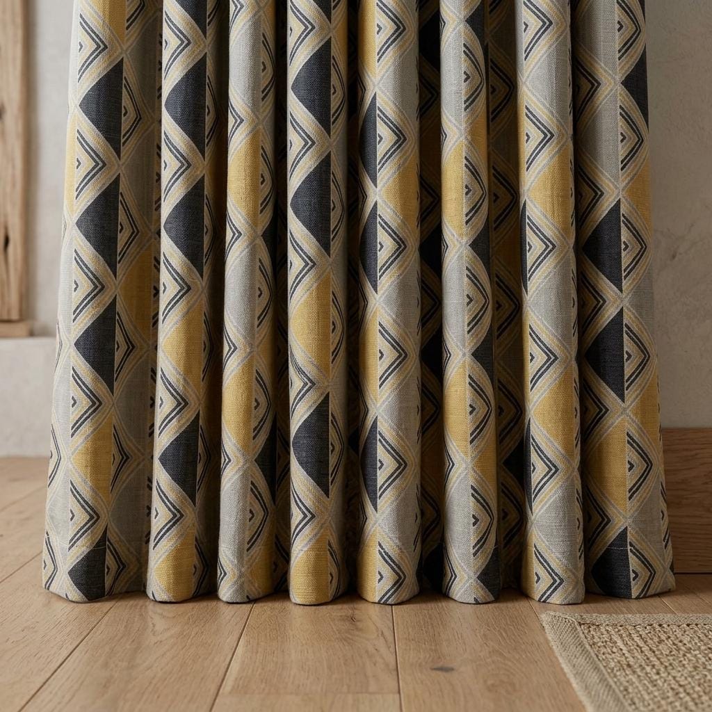 Black Mustard Pure Linen Curtains, Beige Tribal Geometric Drapes, Custom Blackout or Light-Filtering Panels — image 5