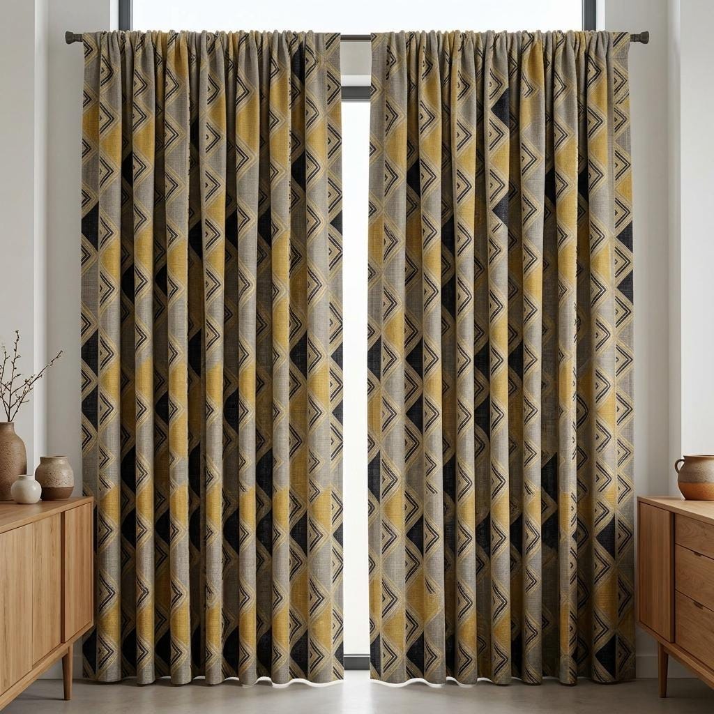 Black Mustard Pure Linen Curtains, Beige Tribal Geometric Drapes, Custom Blackout or Light-Filtering Panels — image 4